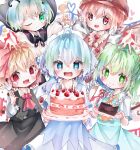  +_+ 5girls :d @_@ absurdres ahoge antennae ascot beads bird_wings black_cape black_skirt black_vest blonde_hair blue_dress blue_hair blurry blurry_background blush bright_pupils brown_dress cake cake_slice cape cirno closed_mouth commentary_request cowboy_shot daiyousei depth_of_field dress feathered_wings food foreshortening fork frills fura_(wind_rahu) green_eyes green_hair hair_between_eyes hair_ribbon happy hat heart highres holding holding_cake holding_food holding_fork long_sleeves multiple_girls mystia_lorelei one_eye_closed open_mouth outstretched_arms pinafore_dress pink_eyes reaching_out red_eyes red_neckwear red_ribbon ribbon rumia shirt short_hair skirt smile star-shaped_pupils star_(symbol) symbol-shaped_pupils team_9 touhou vest white_shirt wing_collar wings wriggle_nightbug yellow_neckwear 