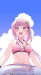  1girl bare_arms bare_shoulders bikini blue_sky breasts clouds facing_viewer fuji_fujino hair_ornament highres jewelry magia_record:_mahou_shoujo_madoka_magica_gaiden mahou_shoujo_madoka_magica navel necklace open_mouth pink_bikini pink_eyes pink_hair sky small_breasts smile solo swimsuit tamaki_iroha upper_body 