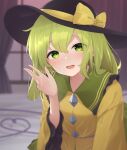  1girl bangs bed black_headwear blouse blurry blurry_background blush bow collar crystal curtains eyebrows_visible_through_hair eyes_visible_through_hair frills gradient gradient_sky green_eyes green_hair green_skirt hair_between_eyes hand_up hat hat_bow highres jewelry kanpa_(campagne_9) komeiji_koishi long_sleeves looking_at_viewer open_mouth pink_sky purple_sky short_hair skirt sky smile solo sunset touhou wide_sleeves window yellow_blouse yellow_bow 