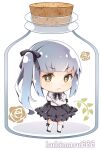  1girl adapted_costume black_ribbon bottle brown_eyes closed_mouth cork corked_bottle crossed_arms eyebrows_visible_through_hair grey_hair hair_ribbon in_bottle in_container kantai_collection kasumi_(kancolle) kneehighs kukimaru long_hair long_sleeves remodel_(kantai_collection) ribbon side_ponytail simple_background solo standing twitter_username white_background white_legwear 