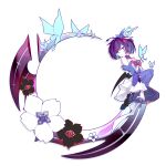  1girl antenna_hair bangs bare_shoulders black_flower black_footwear blue_butterfly blue_eyes blue_hair bug butterfly closed_mouth flower full_body hair_between_eyes hair_ornament highres honkai_(series) honkai_impact_3rd insect linxi looking_at_viewer purple_legwear purple_sleeves seele_vollerei seele_vollerei_(swallowtail_phantasm) shoes short_hair simple_background solo tattoo thigh-highs white_background white_flower 