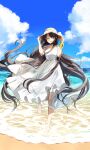  1girl :d ^_^ absurdly_long_hair barefoot beach black_hair blue_sky closed_eyes clouds commentary day dress facing_viewer full_body hands_on_headwear hat highres long_hair open_mouth original outdoors pentagon_(railgun_ky1206) short_sleeves sky smile solo straw_hat very_long_hair water white_dress 