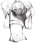  1girl absurdres bandeau bangs blush breasts closed_mouth crossed_bangs greyscale hair_between_eyes hands_up highres looking_at_viewer medium_hair monochrome navel niwamaru niwarhythm original simple_background small_breasts solo strapless tubetop white_background 