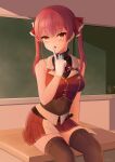  1girl :o blush chalkboard classroom desk finger_to_mouth gloves heterochromia hololive houshou_marine looking_at_viewer on_desk open_mouth red_eyes redhead sitting skirt thigh-highs user_pwgd7442 virtual_youtuber white_gloves yellow_eyes 