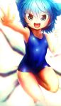  1girl :d absurdres bare_arms blue_eyes blue_hair blue_swimsuit blurry blurry_background cirno covered_navel depth_of_field hand_up highres looking_at_viewer niwarhythm one-piece_swimsuit open_mouth round_teeth smile solo swimsuit teeth touhou upper_teeth w 