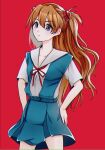  1girl bangs blue_dress blue_eyes closed_mouth collarbone commentary cowboy_shot dress expressionless hands_on_hips highres interface_headset kirupaxxx legs_apart long_hair looking_at_viewer neck_ribbon neon_genesis_evangelion orange_hair pinafore_dress red_background red_neckwear red_ribbon ribbon school_uniform shirt short_sleeves simple_background solo souryuu_asuka_langley standing white_shirt 