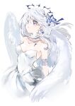  1girl angel_wings bare_shoulders blue_bow blue_eyes bow collarbone commentary_request dress earrings eyebrows_visible_through_hair feathered_wings hair_bow halo highres jewelry long_hair looking_away nanaponi original parted_lips simple_background solo strapless strapless_dress tattoo white_background white_dress white_hair wings 