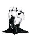  1boy bangs black_mask blue_eyes commentary_request covered_collarbone cropped_shoulders crown expressionless grey_eyes highres kaneki_ken looking_at_viewer male_focus mask mask_removed one_eye_covered pale_skin sanoi_(giraffe) short_hair simple_background solo tokyo_ghoul tokyo_ghoul:re white_background white_hair zipper zipper_pull_tab 