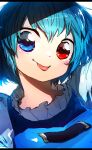  1girl :p absurdres blue_eyes blue_hair blue_vest closed_mouth heterochromia highres letterboxed looking_at_viewer medium_hair niwarhythm portrait red_eyes sanpaku shirt smile solo tatara_kogasa tongue tongue_out touhou upper_body vest white_shirt 