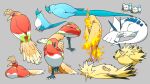  articuno bird closed_eyes closed_mouth commentary_request fire gen_1_pokemon gen_2_pokemon gen_3_pokemon grey_background highres ho-oh komepan legendary_pokemon lying moltres no_humans on_back on_stomach pokemon pokemon_(creature) simple_background standing standing_on_one_leg talons wingull zapdos 