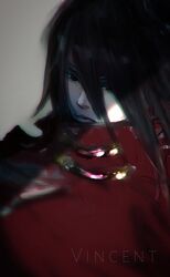  1boy black_hair buckle cloak final_fantasy final_fantasy_vii headband highres kanoe_k long_hair looking_down pale_skin red_cloak red_eyes red_headband shaded_face vincent_valentine 