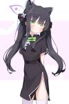  1girl absurdres animal_ears arms_behind_back black_hair blue_archive blush chinese_clothes commentary_request green_eyes halo highres long_hair looking_at_viewer mikisai shun_(blue_archive) simple_background solo thigh-highs twintails white_legwear younger 