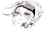  1girl absurdres bangs blush brown_theme crossed_bangs goggles goggles_on_head happy headpat highres monochrome niwamaru_(niwarhythm) niwarhythm original parted_lips petting portrait short_hair simple_background smile solo_focus white_background 