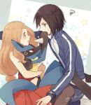  1boy 1girl anger_vein blonde_hair blush bracelet breasts brown_hair calem_(pokemon) closed_mouth commentary_request eye_contact gen_4_pokemon high-waist_skirt jacket jewelry long_hair looking_at_another lucario pants pleated_skirt pokemon pokemon_(creature) pokemon_(game) pokemon_xy red_eyes red_skirt serena_(pokemon) shirt short_hair skirt sleeveless sleeveless_shirt socks spikes squiggle sweatdrop thigh-highs twitter_username white_legwear yairo_(sik_s4) yellow_fur 