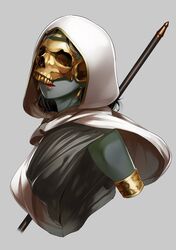  1girl cape colored_skin earrings elspeth_tirel facing_viewer grey_background grey_skin hood hood_up hooded_cape jewelry magic:_the_gathering parted_lips simple_background skull_mask solo staff upper_body wakamesan white_cape 