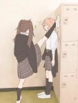  ... 2girls brown_hair chair_bun clothes_around_waist commentary english_commentary genshin_impact highres hu_tao_(genshin_impact) jacket jacket_around_waist locker multiple_girls sparkle split spoken_ellipsis standing standing_on_one_leg standing_split wall_slam yanfei_(genshin_impact) yuri 