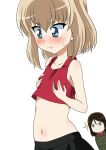  2girls :t absurdres bangs black_hair black_skirt blonde_hair blue_eyes blush bob_cut breast_envy breasts closed_mouth commentary_request crop_top eyebrows_visible_through_hair frown girls_und_panzer green_jacket hands_on_own_chest highres jacket katyusha_(girls_und_panzer) looking_at_another midriff miniskirt multiple_girls navel nonna_(girls_und_panzer) pleated_skirt pravda_school_uniform red_shirt school_uniform shirt short_hair simple_background skirt small_breasts sparkle standing sweatdrop tank_top wakku_kan white_background 