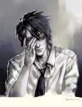  1boy black_hair dress_shirt final_fantasy final_fantasy_vii frown hand_on_own_face highres looking_to_the_side messy_hair necktie red_eyes shirt short_hair soan9 vincent_valentine 