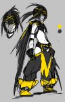  1girl absurdres black_hair boots breasts cape color_guide frown full_body grey_background hayabusa_(niwarhythm) highres looking_at_viewer multiple_views navel niwarhythm original pants parted_lips pelvic_curtain simple_background sketch standing tomboy under_boob wings yellow_eyes 