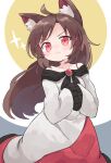  1girl :&lt; animal_ears blush brooch brown_hair closed_mouth collarbone dress highres imaizumi_kagerou jewelry kibisake long_hair off-shoulder_dress off_shoulder red_eyes sleeves_past_fingers sleeves_past_wrists solo touhou v-shaped_eyebrows white_dress wolf_ears 