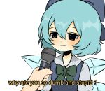  04119_snail 1girl :3 blue_bow blue_eyes blue_hair blue_vest blush bow bowtie cirno closed_mouth green_neckwear hair_bow highres holding holding_microphone ice ice_wings interview meme microphone simple_background solo_focus subtitled touhou vest white_background wings 