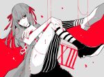  1boy awara_kayu bangs commentary_request crossdressinging dress from_side grey_background grey_hair hair_ribbon knees_up leg_up long_hair male_focus puffy_short_sleeves puffy_sleeves red_background red_nails red_ribbon ribbon shoes short_sleeves single_leg_pantyhose single_thighhigh sketch solo stitches striped striped_legwear suzuya_juuzou thigh-highs tokyo_ghoul tokyo_ghoul:re 