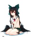  1girl absurdres bandaged_arm bandages barefoot between_legs black_hair bow breasts closed_mouth feathered_wings green_bow green_skirt hair_between_eyes hair_bow hand_between_legs highres jitome long_hair looking_at_viewer low_wings medium_breasts niwarhythm red_eyes reiuji_utsuho seiza shirt simple_background sitting skirt slit_pupils solo third_eye torn_bow torn_clothes torn_skirt touhou white_background white_shirt wings 