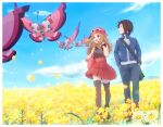  1boy 1girl :d bag blonde_hair blush boots border bracelet brown_hair bug butterfly calem_(pokemon) closed_mouth clouds commentary_request day field flower flower_field gen_6_pokemon hat highres holding_strap insect jacket jewelry long_hair looking_to_the_side open_mouth outdoors pants pink_bag pink_headwear pleated_skirt pokemon pokemon_(creature) pokemon_(game) pokemon_xy red_skirt serena_(pokemon) shirt shoes shoulder_bag skirt sky sleeveless sleeveless_shirt smile standing thigh-highs tongue twitter_username vivillon white_border yairo_(sik_s4) yellow_flower 
