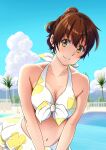  1girl absurdres bare_arms bare_shoulders bikini breasts brown_hair closed_mouth floral_print frilled_skirt frills hibike!_euphonium highres looking_at_viewer matebashi medium_breasts navel oumae_kumiko ponytail short_hair short_ponytail skirt smile solo swimsuit white_bikini yellow_eyes 