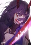  1girl bangs bare_shoulders blood blood_on_face blood_on_weapon blurry blurry_foreground freze hair_between_eyes holding holding_sword holding_weapon honkai_(series) honkai_impact_3rd horns katana purple_hair raiden_mei raiden_mei_(herrscher_of_thunder) simple_background solo sword violet_eyes weapon white_background wide-eyed 
