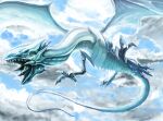  blue-eyes_white_dragon blue_eyes blue_sky claws clouds cloudy_sky dragon duel_monster flying long_neck no_humans ogura_anko open_mouth scales sharp_teeth sky solo talons teeth tongue tongue_out veins yu-gi-oh! 