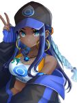  1girl arm_up bare_shoulders baseball_cap black_headwear black_jacket blue_eyes blue_hair blue_nails braid breasts collarbone crop_top dark-skinned_female dark_skin ear_piercing earrings hat highres hoop_earrings jacket jewelry long_hair long_sleeves medium_breasts nail_polish nessa_(pokemon) off_shoulder open_clothes open_jacket piercing pokemon pokemon_(game) pokemon_swsh setta_shu simple_background single_braid sleeves_past_wrists solo very_long_hair white_background 