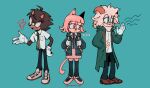  1girl 2boys ? ?? ade_(aranansi) alternate_breast_size animal_ears artist_name bangs black_shirt brown_skirt cat_ears cat_girl cat_tail collared_shirt commentary cosplay crossover dangan_ronpa_(series) dangan_ronpa_2:_goodbye_despair dress_shirt english_commentary fang flipped_hair full_body furry gloves goat_ears goat_horns green_background green_jacket green_neckwear hair_ornament hairclip hand_in_pocket hand_up hedgehog_ears highres hinata_hajime holding_strap hood hooded_jacket horns jacket komaeda_nagito lower_teeth medium_hair miniskirt multiple_boys nanami_chiaki neck_ribbon open_clothes open_jacket pink_eyes pink_hair pink_ribbon pleated_skirt print_shirt ribbon school_uniform shirt shirt_tucked_in shoes short_hair short_hiar simple_background skirt smile sneakers sonic_(series) sonic_the_hedgehog sonic_the_hedgehog_(cosplay) standing tail teeth thigh-highs white_gloves white_shirt 