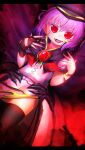  1girl :d absurdres black_legwear cape character_request fangs fingerless_gloves fingernails gloves hands_up hat highres letterboxed looking_at_viewer low_wings medium_hair niwarhythm open_mouth purple_hair red_eyes single_glove smile solo thigh-highs touhou wings 