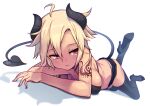  1girl ahoge arm_tattoo bangs bikini black_bikini black_legwear blonde_hair breast_press breasts demon_horns demon_tail dutch_angle hair_between_eyes hibi_tsuna high_heels horns looking_at_viewer lying medium_breasts mole mole_on_breast on_stomach original short_shorts shorts solo swimsuit tail tattoo thigh-highs white_background 