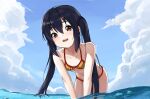  1girl absurdres bangs bare_shoulders bent_over bikini black_hair blue_sky breasts brown_eyes clouds commentary day hair_between_eyes highres k-on! kibitarou leaning_forward long_hair looking_at_viewer nakano_azusa navel ocean open_mouth outdoors partially_submerged plaid plaid_bikini red_bikini round_teeth sidelocks sky small_breasts smile solo swimsuit teeth twintails two-tone_bikini upper_teeth v_arms very_long_hair wading water_drop wet yellow_bikini 