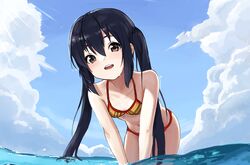  1girl absurdres bangs bare_shoulders bent_over bikini black_hair blue_sky breasts brown_eyes clouds commentary day hair_between_eyes highres k-on! kibitarou leaning_forward long_hair looking_at_viewer nakano_azusa navel ocean open_mouth outdoors partially_submerged plaid plaid_bikini red_bikini round_teeth sidelocks sky small_breasts smile solo swimsuit teeth twintails two-tone_bikini upper_teeth v_arms very_long_hair wading water_drop wet yellow_bikini 