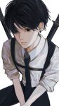  1boy black_eyes black_hair black_neckwear chainsaw_man closed_mouth earrings highres invisible_chair jewelry katana male_focus necktie neckwear noroma02 scabbard sheath sheathed simple_background sitting sleeves_rolled_up solo sword weapon white_background 