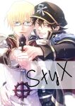  2boys aiming_at_viewer bangs black_coat black_hair black_headwear blonde_hair blue_eyes coat commentary_request cover cover_page doujin_cover emblem grin gun hair_between_eyes handgun hat high_priest_(ragnarok_online) holding holding_gun holding_hands holding_weapon layered_clothing long_sleeves looking_at_viewer male_focus mit_(necomit) multiple_boys open_mouth peaked_cap pistol ragfes ragnarok_online rebellion_(ragnarok_online) red_coat short_hair smile two-tone_coat upper_body weapon white_coat yellow_eyes 