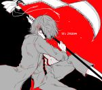  1boy awara_kayu bangs black_background blood feet_out_of_frame from_side grey_jacket hair_ornament hairclip hand_up holding holding_scythe jacket male_focus pants red_background scythe short_hair solo stitches suspenders suzuya_juuzou tokyo_ghoul tokyo_ghoul:re weapon x_hair_ornament 