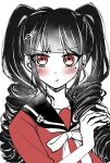  1girl absurdres alternate_hairstyle bangs black_sailor_collar blunt_bangs blush bow closed_mouth commentary_request dangan_ronpa_(series) dangan_ronpa_v3:_killing_harmony drill_hair eyebrows_visible_through_hair hair_ornament hairclip harukawa_maki highres holding holding_hair long_hair looking_at_viewer mole mole_under_eye no_hair_ornament pale_skin pout red_eyes red_shirt sailor_collar satori_(blueinc324) school_uniform shirt simple_background solo twin_drills twintails upper_body white_background white_bow 