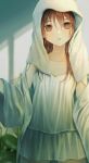  1girl artist_name bangs blush brown_eyes brown_hair camisole collarbone dress gown highres long_hair looking_at_viewer nekoyama_iori original parted_lips plant shorts solo standing towel towel_on_head white_camisole white_shorts white_towel 