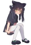  1girl animal_ears black_hair blue_archive blush chinese_clothes commentary_request eip_(pepai) full_body green_eyes hair_ribbon long_hair ribbon shoes shun_(blue_archive) simple_background sitting thigh-highs twintails white_background white_legwear 