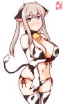  1girl alternate_costume animal_ears animal_print artist_logo bell bikini blonde_hair breasts commentary_request cow_ears cow_horns cow_print cow_tail cowbell cowboy_shot dated elbow_gloves fake_animal_ears fake_horns front-tie_top gloves graf_zeppelin_(kancolle) grey_eyes horns kanon_(kurogane_knights) kantai_collection large_breasts one-hour_drawing_challenge side-tie_bikini sidelocks simple_background solo swimsuit tail twintails white_background white_bikini white_gloves white_legwear 