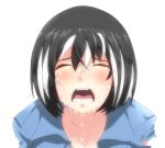  1girl bangs black_hair blue_shirt blush bob_cut close-up closed_eyes collarbone commentary crying eyelashes face facing_viewer frown hair_between_eyes hanekawa_tsubasa highres monogatari_(series) multicolored_hair nakiri_kei nekomonogatari_white open_mouth portrait raised_eyebrows shirt short_hair simple_background sobbing solo streaked_hair streaming_tears tears teeth torn_clothes torn_shirt two-tone_hair white_background white_hair 