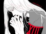  1boy abara_hanbee awara_kayu bangs black_armband black_background closed_mouth commentary_request copyright_name from_side grey_shirt half-closed_eye long_hair pale_skin profile red_armband shirt solo tokyo_ghoul tokyo_ghoul:re upper_body 