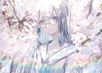  1girl blouse blue_neckwear blurry blurry_background blurry_foreground branch cherry_blossoms closed_mouth collarbone commentary_request expressionless falling_petals flower glasses highres long_hair looking_at_viewer nanaponi neckerchief original petals rainbow sailor_collar solo tree upper_body white_blouse white_eyes white_flower white_hair white_sailor_collar 