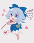  1girl absurdres bag bangs barefoot blue_bow blue_dress blue_eyes blue_hair blush bow bowtie chibi cirno collar collared_shirt dress eyebrows_visible_through_hair eyes_visible_through_hair flower green_bag grey_background hair_between_eyes hands_up heart highres leg_up open_mouth pink_flower pink_heart puffy_short_sleeves puffy_sleeves red_bow red_neckwear shirt shocho_(shaojiujiu) short_hair short_sleeves smile solo standing standing_on_one_leg touhou white_shirt white_sleeves 