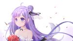  1girl azur_lane bangs bare_shoulders blunt_bangs bouquet bow collarbone commentary_request detached_sleeves dress eyebrows_visible_through_hair flower hair_bow hair_bun hair_ribbon highres long_hair looking_at_viewer one_side_up petals purple_hair red_flower red_rose ribbon rose side_bun sidelocks simple_background smile solo stuffed_winged_unicorn unicorn_(a_dream_of_pure_vows)_(azur_lane) unicorn_(azur_lane) violet_eyes wedding_dress white_background white_dress wind xiao_shi_lullaby 