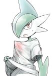  clothes_lift fang gallade gen_4_pokemon lifted_by_self looking_at_viewer no_humans open_mouth pokemon pokemon_(creature) red_eyes see-through shirt shirt_lift short_sleeves simple_background solo upper_body utsugi_(skydream) white_background white_shirt 